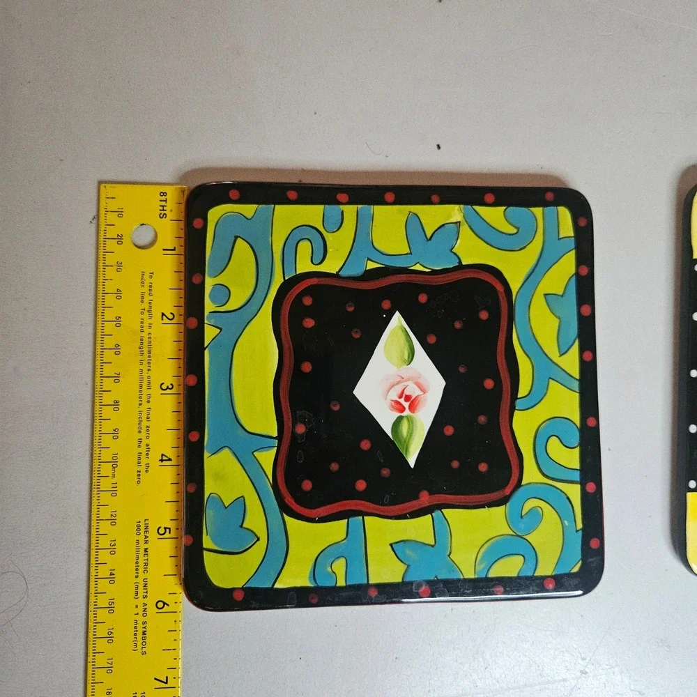 Vtg Joyce Shelton Set of 2 Whimsical Hand Painted Ceramic Tiles Cork Back Trivet